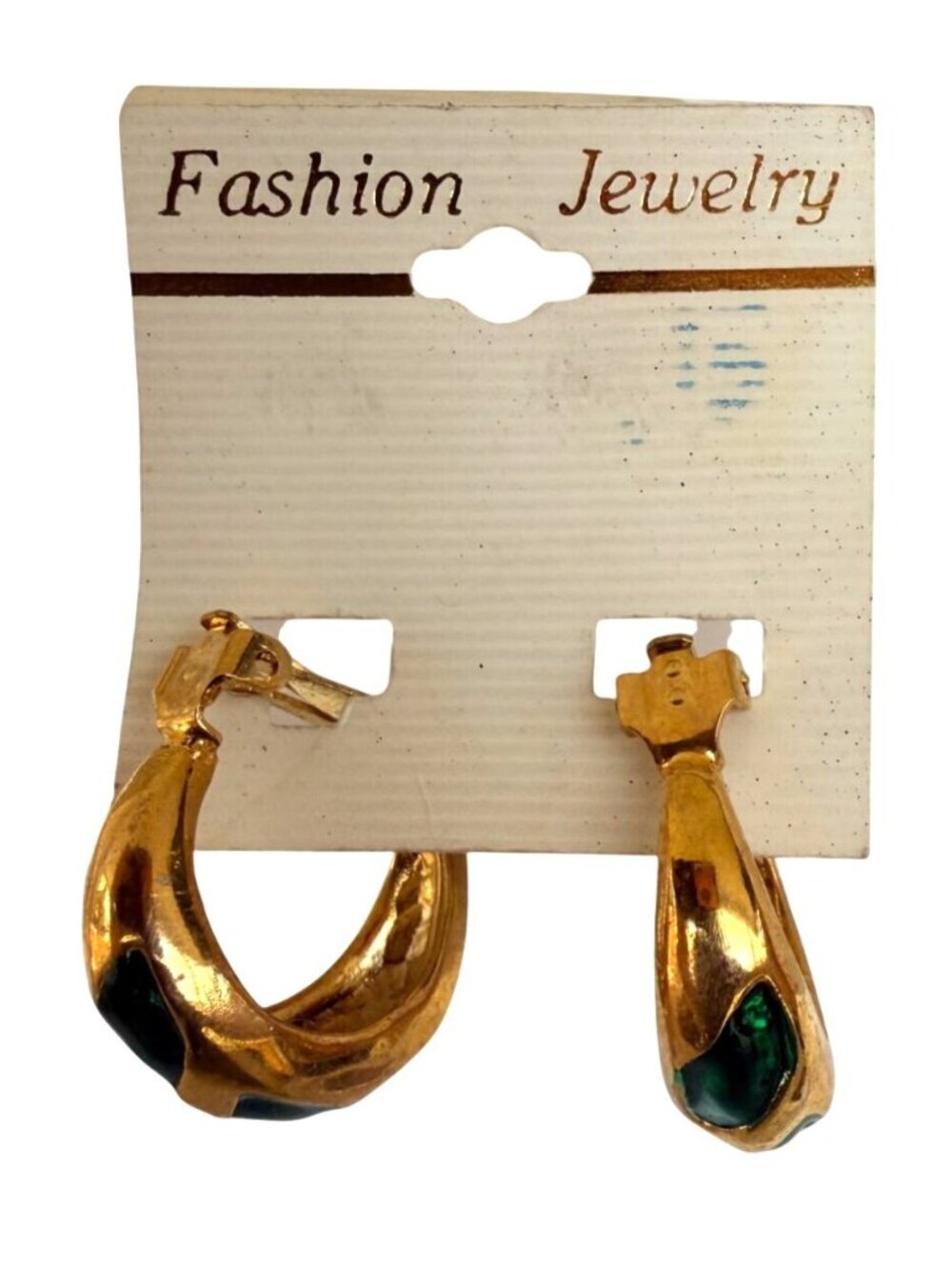 Vintage NOS Classy Goldtone Green Rhinestone Statement Clip-On Hoop Earrings